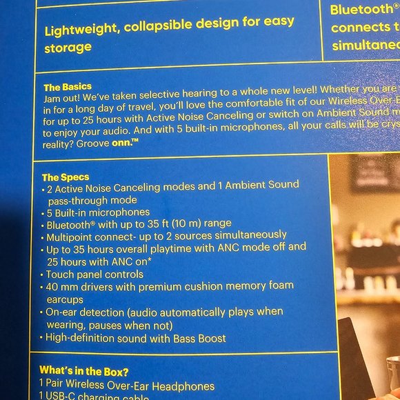 onn. Wireless Over-Ear Headphones with Active Noise Canceling, Black - Picture 10 of 10